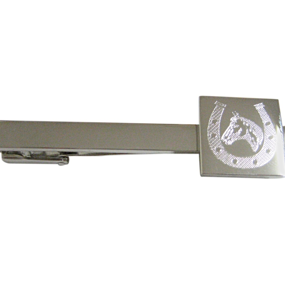 Silver Toned Etched Horse and Horse Shoe Square Ti